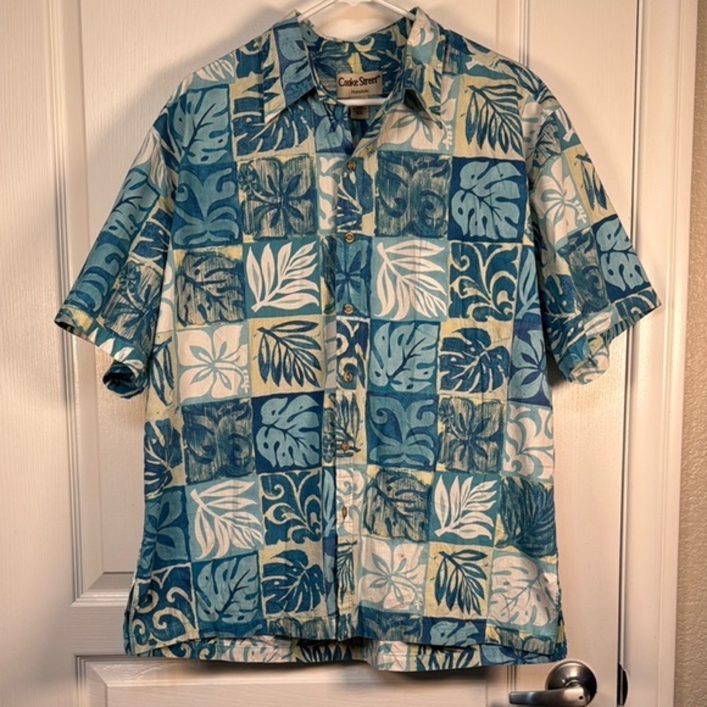 Cooke Street Honolulu Camp Teal White Hawaiian Tropical Button Down Shirt SZ XL